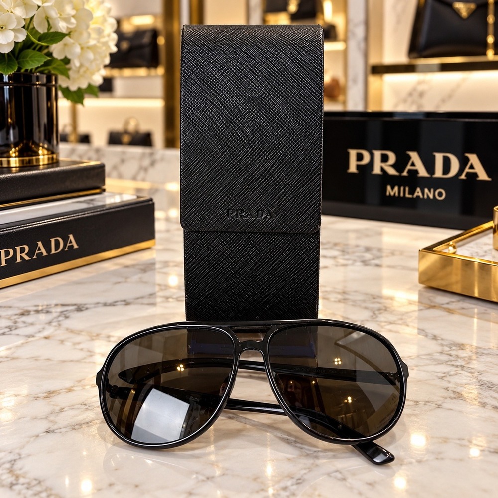 Prada Mens Aviator Sunglasses Made in Italy SPR 09M 1AB-1A1 Black Saffiano Case